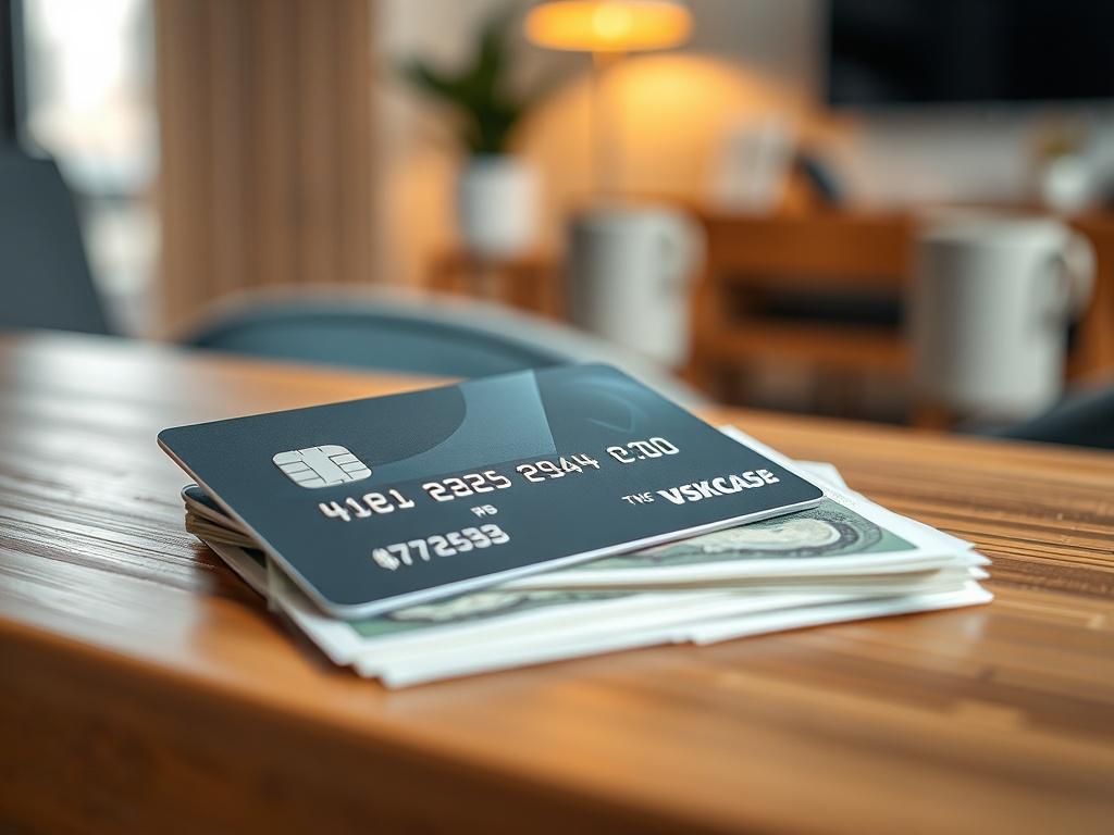 **AI Image Generation Prompt:**

Create a realistic, high-resolution close-up image that visually communicates the essence of cash borrowing against credit cards, tailored for the blog titled "Instant Cash on Credit Cards: What You Need to Know Before You Borrow." 

**Composition:** The image should have a simple and clear composition featuring a single subject. The focus of the image is a well-polished, modern credit card lying on a stylish wooden table, with a few crisp banknotes stacked neatly beside it.