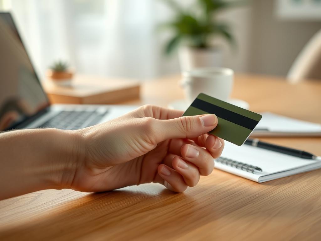 **AI Image Generation Prompt:**

Create a realistic high-resolution photograph reflecting the blog titled "The Pros and Cons of Using Cash on Your Credit Card: What You Need to Know." The image should feature a close-up shot of a single hand holding a credit card, with fingers delicately gripping it to suggest an action of contemplation or decision-making. The hand should be positioned on a clean, wooden table that conveys a sense of honest, straightforward financial dealings.

In the background, softly blu