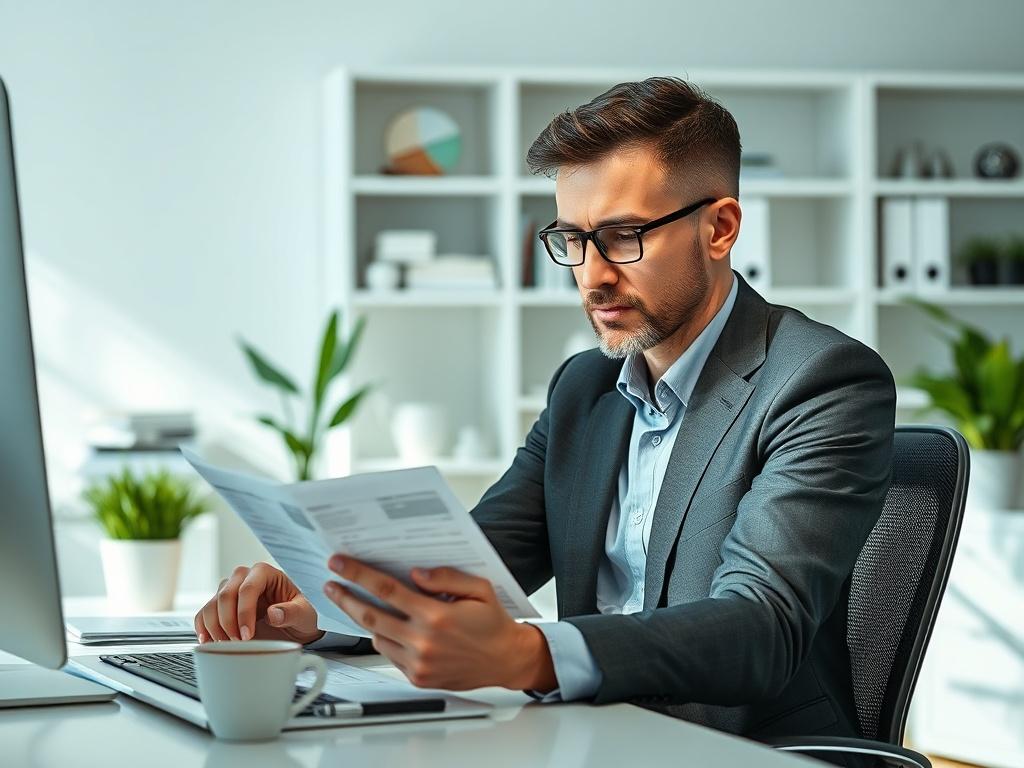 **AI Image Generation Prompt:**

Create a realistic high-resolution photograph to reflect the blog titled "Spot Cash on Credit Cards: Advantages, Disadvantages, and Best Practices." The composition should be simple and clear, featuring only one subject—a professional-looking individual sitting at a modern desk in a well-organized office space. This individual is engaged in a focused discussion, reviewing credit card statements or financial documents, with a thoughtful expression that conveys the importance 