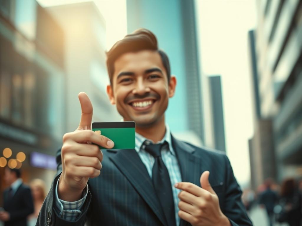 Create a realistic high-resolution photo featuring a close-up shot of a confident individual in a modern urban setting, emphasizing the theme of "Spot Cash on Credit Card." The subject should be a professional person, smiling and holding a credit card in one hand while showing a confident gesture with the other hand, as if signaling approval or success. 

The composition should be simple and focused, showcasing the individual against a blurred background that hints at a bustling financial district with soft