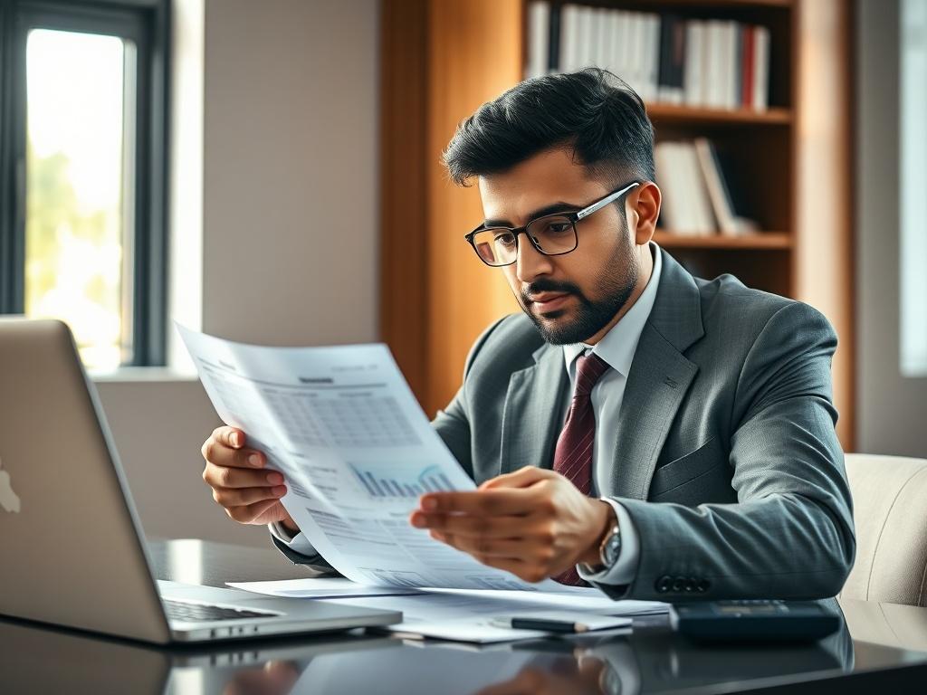 **AI Image Generation Prompt:**

Create a realistic high-resolution photo that embodies the theme of financial decision-making specifically related to Spot Cash on Credit Cards. The focal point of the image is a close-up of a confident professional in business attire, thoughtfully analyzing credit card statements and financial documents at a sleek, modern desk. The subject should be a middle-aged South Asian man with a meticulous demeanor, showcasing a sense of authority and expertise in personal finance.

