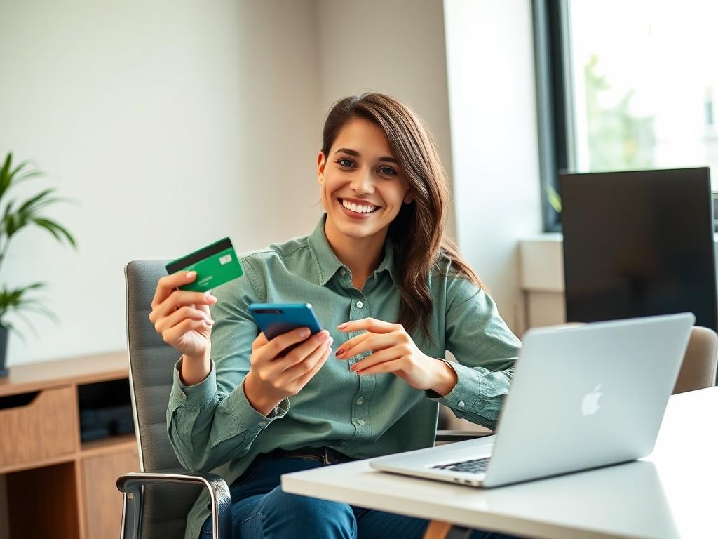 Create a realistic high-resolution photo that captures the essence of leveraging credit cards for quick cash. The composition should center around a single subject: a confident individual, preferably a smiling young professional, sitting on a modern office chair at a sleek desk. The subject should be holding a credit card in one hand while using a smartphone or laptop with the other, indicating the action of accessing cash against their credit card.

Background settings should reflect a contemporary office 