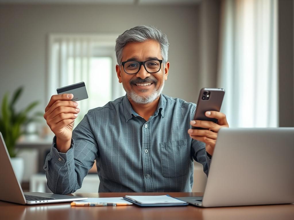 **AI Image Generation Prompt:**

Create a realistic high-resolution image to reflect the blog titled "A Step-by-Step Approach to Obtaining Instant Cash on Your Credit Card". The composition should be simple and clear with a focus on one central subject: a confident, middle-aged Indian man sitting at a modern desk, holding a credit card in one hand and a smartphone in the other. His expression should convey a sense of achievement and relief, showcasing the satisfaction of accessing quick cash.

The backgroun