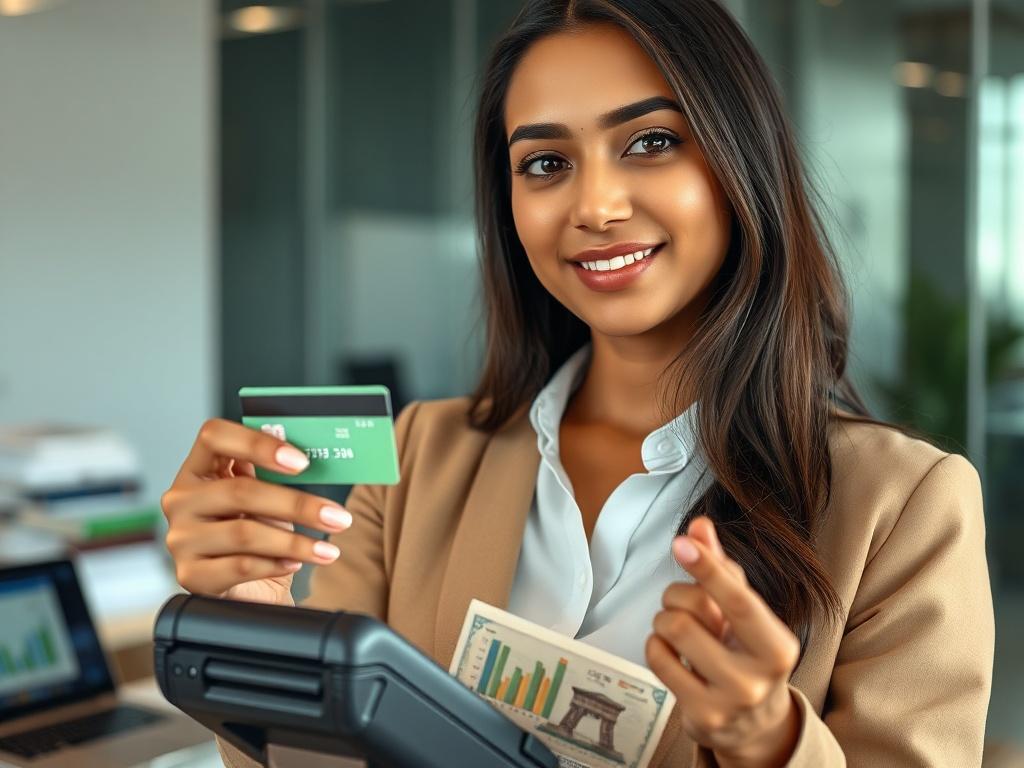 **AI Image Generation Prompt:**

Create a realistic high-resolution photo focusing on a single subject that embodies the theme of financial navigation, specifically the mechanics of credit card swipe for cash. The composition should be simple and clear, featuring a close-up of a confident young professional woman (South Asian descent) in a modern office setting. She is holding a credit card in one hand, and with the other, she is demonstrating a payment process on a sleek POS terminal. Her expression should