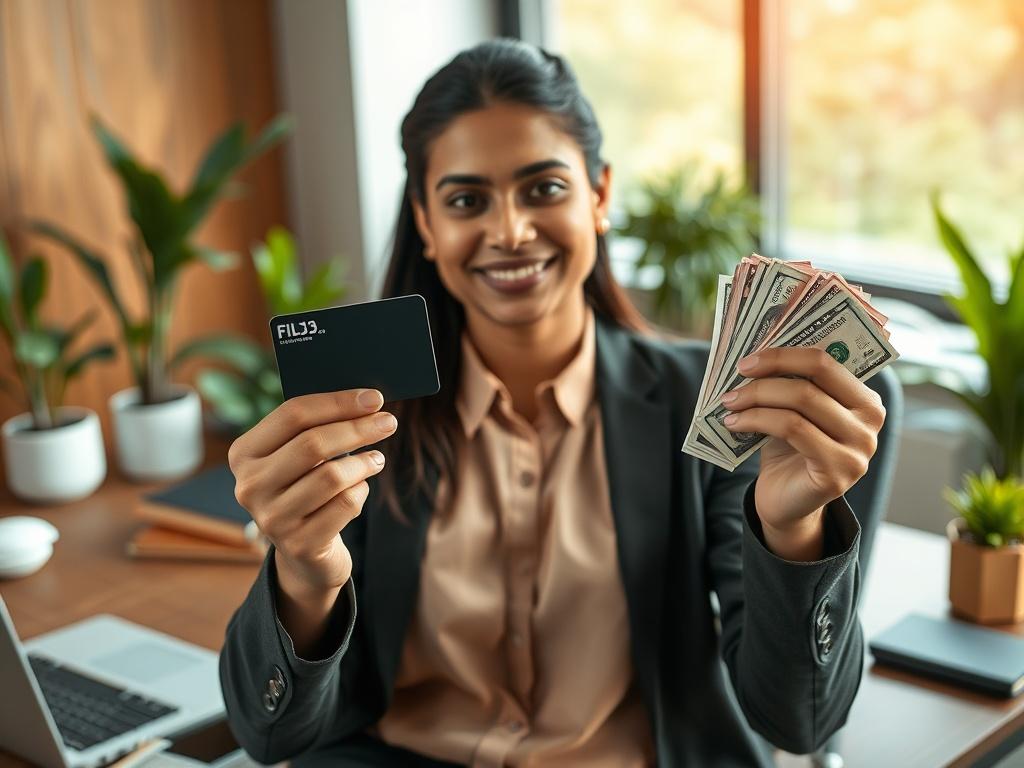 **AI Image Generation Prompt:**

Create a highly realistic high-resolution photograph featuring a single subject that embodies the theme of accessing instant cash through credit cards. The composition should be simple and clear, focusing on a young professional individual, a South Asian man or woman, confidently holding a credit card in one hand and a stack of cash in the other. The subject should be depicted in a modern, well-lit office setting, showcasing elements like a sleek desk, a laptop, and a notepa