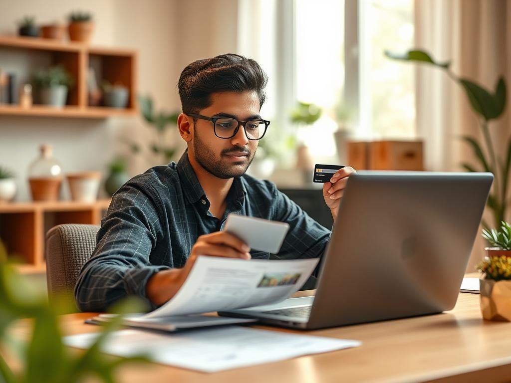 **AI Image Generation Prompt:**

Create a highly detailed, realistic high-resolution photo that reflects the theme of a blog titled "Maximizing Financial Flexibility: How to Effectively Utilize Instant Cash on Your Credit Card." The composition should focus on a single, clear subject: a confident, young Indian professional (male or female) seated at a modern desk with a credit card in hand, displaying a thoughtful expression as they analyze financial documents on a laptop in front of them. The background sh