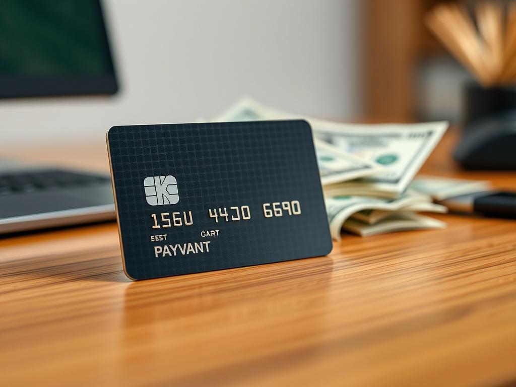 **Prompt for AI Image Generation:**

Create a realistic, high-resolution photo that embodies the theme of "The Pros and Cons of Cash Against Credit Card Transactions." The composition should be simple and focused, featuring only one subject: a sleek, modern credit card sitting prominently on a clean, polished wooden desk. The credit card should be slightly angled to showcase its design, capturing light to emphasize its textures and colors.

In the background, use a softly blurred image of currency notes cas