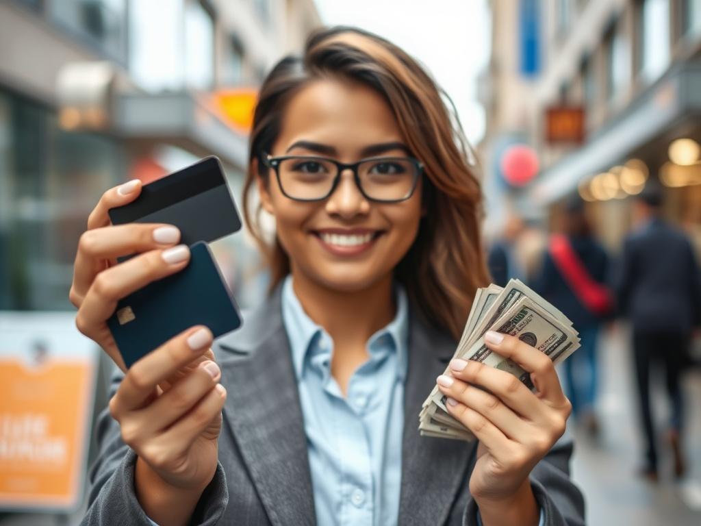 **AI Image Generation Prompt:**

Create a realistic high-resolution photograph that embodies the theme of "Spot Cash on Credit Cards: What You Need to Know Before You Swipe." The image should feature a close-up shot of a confident individual holding a credit card in one hand and a stack of cash in the other, symbolizing the concept of immediate cash against credit cards. 

The subject should be positioned centrally, showcasing their expressions of assurance and satisfaction. The individual can be dressed in