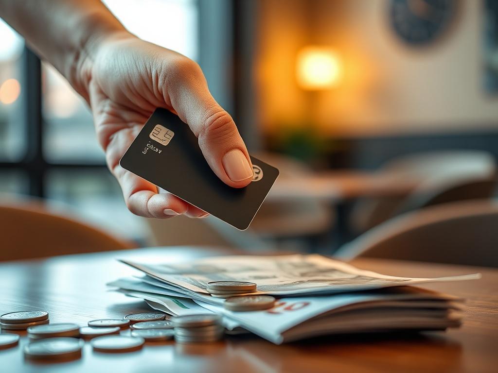 Create a realistic high-resolution photo focused on a single subject: a hand holding a credit card, poised above a table where cash and coins are neatly arranged. The hand should be well-groomed, showcasing a light skin tone, and the credit card should have an indistinguishable design to avoid brand representation. 

The background should be a softly blurred indoor setting, depicting a warm and inviting atmosphere, perhaps suggesting a cozy café or a modern office environment. Ensure that the lighting is br