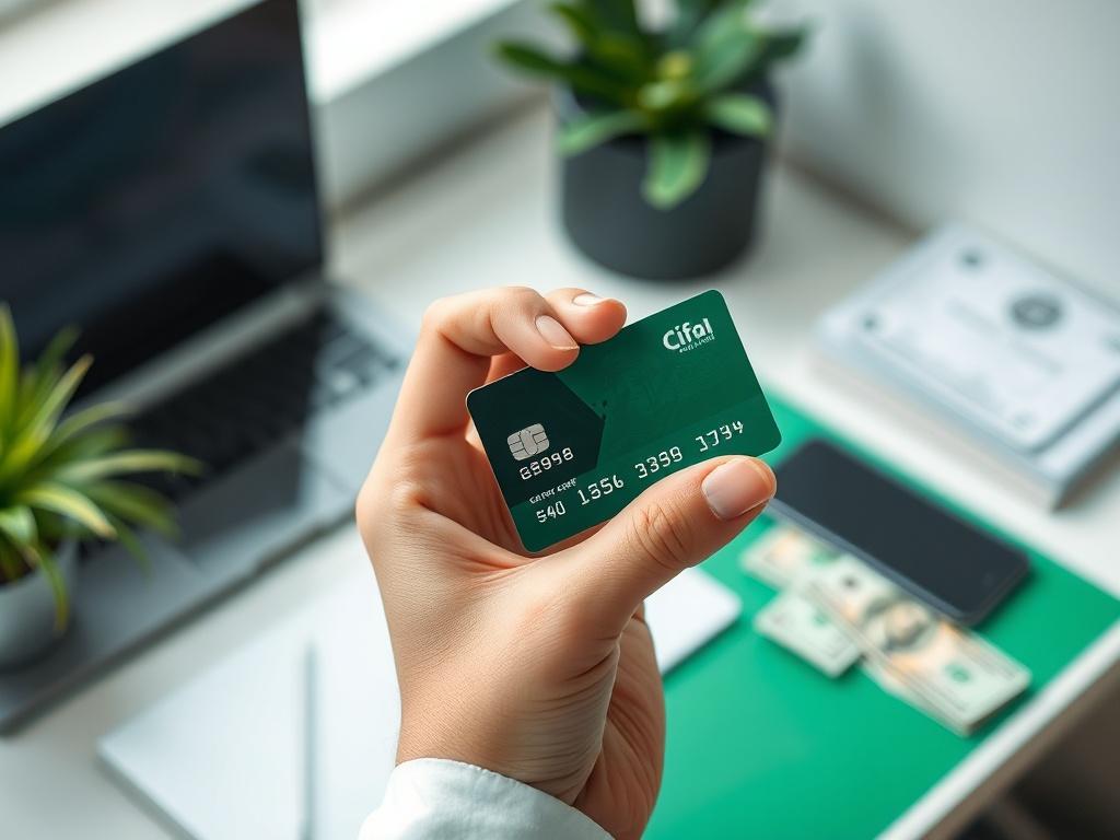 **AI Image Generation Prompt:**

Create a hyper-realistic, high-resolution photo capturing a single subject, a close-up shot of a hand holding a credit card with a slight tilt, as if presenting it to the viewer. The background should be a softly blurred, minimalist workspace setting, incorporating elements like a sleek desk, a smartphone, and some cash, creating an environment that suggests smart financial management. The overall color palette should feature shades of green (rgb(50, 170, 39)), promoting a s