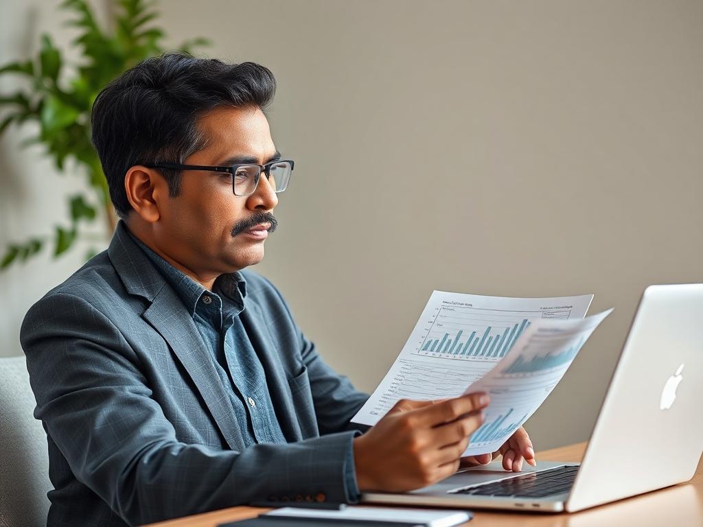 **AI Image Generation Prompt:**

Create a realistic high-resolution photo that captures the essence of the blog titled "The Implications of Utilizing Spot Cash on Your Credit Card: What You Need to Know." The composition should be simple and clear, featuring a single subject: a professional, middle-aged individual sitting at a modern desk, reviewing a credit card statement with a thoughtful expression. The individual should be of South Asian descent, dressed in business-casual attire, with a laptop opened i