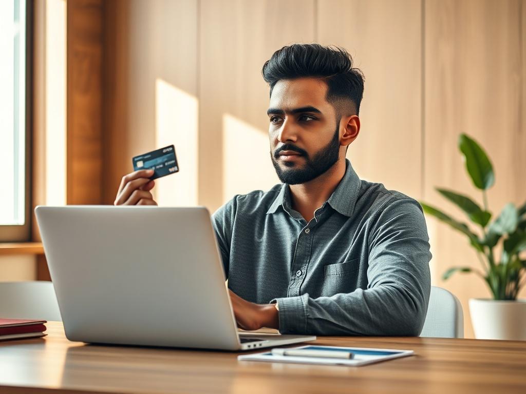 Create a hyper-realistic, high-resolution image featuring a single subject: a confident individual, a South Asian man or woman in their 30s, sitting at a modern wooden desk in a well-lit, contemporary office setting. The subject should be holding a credit card in one hand and looking thoughtfully at a laptop screen displaying a sleek financial dashboard with graphs and figures, representing instant funds and financial ease. 

The background should be simple yet elegant, showcasing minimalistic decor with a 