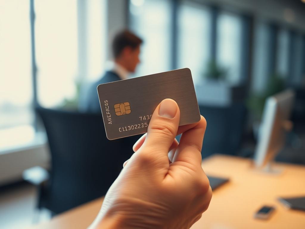**AI Image Generation Prompt:**

Create a realistic high-resolution photo that captures the essence of smart borrowing strategies related to cash on credit cards. The composition should feature a close-up shot of a single, elegant hand holding a shiny credit card, symbolizing the act of borrowing. The background should be a softly blurred office setting with dim lighting, allowing the focus to remain solely on the hand and card. The hand should be well-manicured, conveying a sense of sophistication and prof