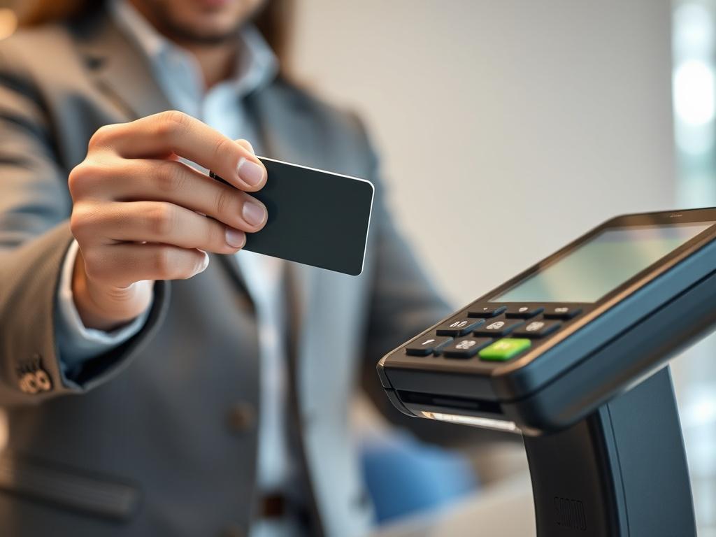 **AI Image Generation Prompt:**

Create a highly detailed and realistic high-resolution photo that visually encapsulates the theme of the blog titled "The Implications of Credit Card Swipe for Cash: A Comprehensive Guide for Consumers." The composition should be simple and clear, featuring a single subject: a close-up view of an individual (preferably a professional-looking person) holding a credit card in one hand while using a sleek, modern point-of-sale (POS) terminal with a glowing screen in front of th