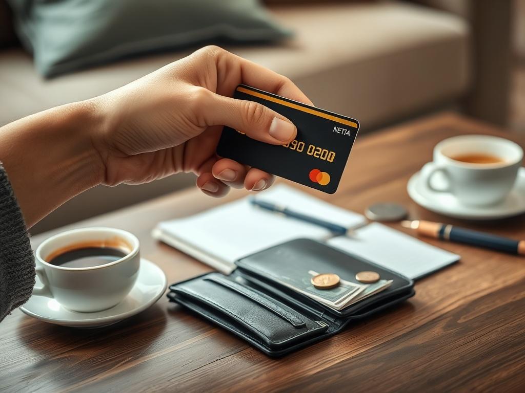 Create a realistic, high-resolution image for a blog titled "The Pros and Cons of Accessing Cash Through Your Credit Card: An In-Depth Examination." Focus on a single subject: a hand holding a credit card, poised above an open wallet. The hand should be positioned centrally in the image, illustrating a moment of contemplation, as if deciding whether to withdraw cash. 

The credit card should be clearly visible, showcasing a sleek and modern design, with gold and black colors accentuating its premium feel. T