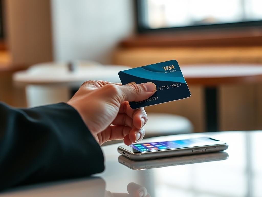 **AI Image Generation Prompt:**

Create a realistic, high-resolution photograph that reflects the blog titled "Understanding the Implications of Cash Withdrawals on Credit Cards: A Comprehensive Analysis." The composition should feature a singular focus: a close-up of an individual’s hand holding a credit card, poised above a sleek, modern table with a smartphone displaying a digital wallet application in the background. 

Ensure the subject’s hand is elegantly positioned, with the credit card angled toward