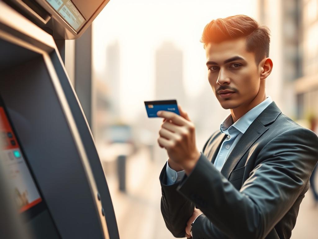 **AI Image Generation Prompt:**

Create a realistic high-resolution photo that encapsulates the theme of credit card cash withdrawals. The image should feature an individual, ideally a young professional, confidently holding a credit card in their right hand while examining a sleek, modern ATM machine in the foreground. The subject should display a look of determination and clarity, embodying the empowerment of financial decisions.

The background should be softly blurred to introduce an urban setting, with