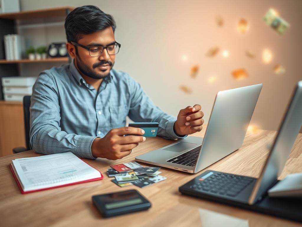 **AI Image Generation Prompt:**

Create a highly detailed, realistic high-resolution photo that captures the essence of the blog titled "Spot Cash on Credit Cards: Benefits, Risks, and Best Practices for Responsible Use." The composition should be simple and clear, featuring a single subject: a professional-looking individual sitting at a neatly organized desk, engaging with a laptop and various credit cards spread out in front of them. 

The subject should be a South Asian man or woman, exuding an air of t