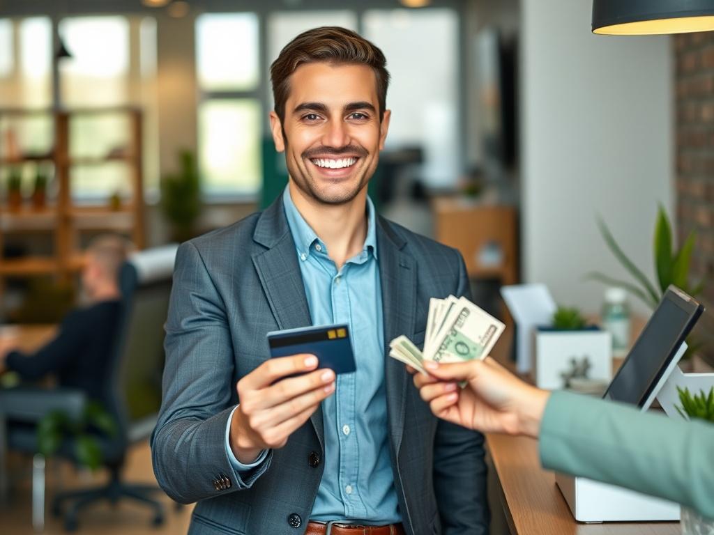 **AI Image Generation Prompt:**

"Create a realistic high-resolution photo featuring a confident, satisfied customer holding a credit card in one hand while receiving cash in the other hand. The subject should be centered in the frame, displaying a bright smile, dressed in business casual attire, and standing in a well-lit indoor environment resembling a finance or service office. The background should be blurred to keep the focus on the individual and their transaction, showcasing softly out-of-focus eleme