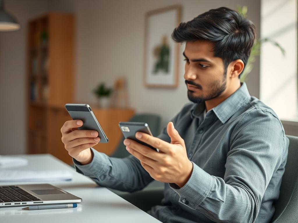 **Prompt for AI Image Generation:**

Create a realistic high-resolution photo that captures the essence of exploring the advantages of utilizing spot cash on credit cards. The composition should be simple and clear, featuring a single subject: a person (a South Asian male or female) sitting at a modern desk, thoughtfully examining a credit card in one hand while holding a smartphone in the other. The subject should have an expression of focus and curiosity, reflecting the importance of financial decision-ma