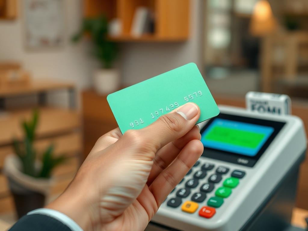 Create a realistic high-resolution photo that embodies the essence of the blog titled "Understanding Cash Against Credit Card: A Comprehensive Guide." The composition should be clean and focused, featuring a single subject: a hand holding a credit card with a slightly blurred cash register in the background. The hand should be well-groomed and displaying a sense of confidence, representing modern consumers navigating the financial landscape.

The background should feature a bright, professional setting that