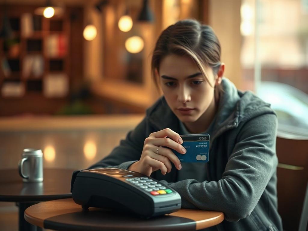 **AI Image Generation Prompt:**

Create a realistic high-resolution photo representing the blog titled “Credit Card Swipe for Cash: What You Need to Know Before You Try.” The image should feature a close-up shot of a person engaging with a credit card terminal. The subject is a young adult, seated at a small cafe table, with a focused expression while swiping their credit card on the terminal. 

Ensure that the background features a softly blurred setting of a cozy cafe to provide context, with warm lightin