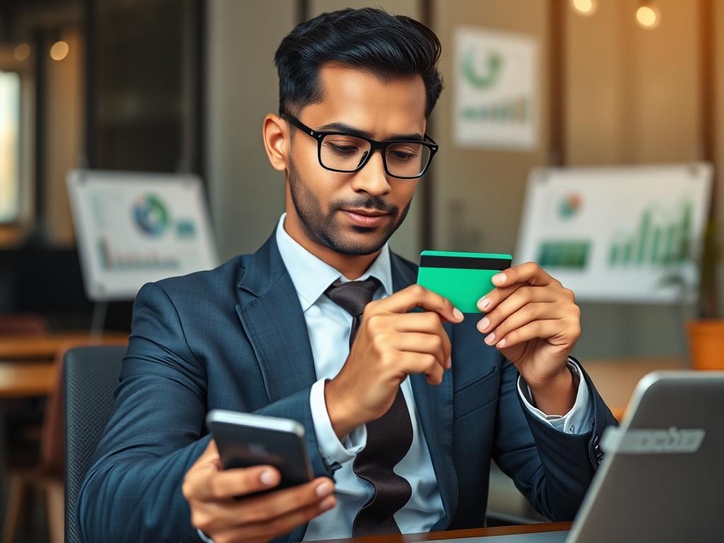 **AI Image Generation Prompt:**

Create a realistic, high-resolution close-up photograph depicting a professional-looking individual seated at a modern desk in an office environment. The subject should be a well-dressed South Asian man in a business suit, confidently examining a credit card while holding a smartphone in his other hand. The expression on his face should convey thoughtful consideration, reflecting the theme of financial decision-making and evaluating options.

The background should be softly 