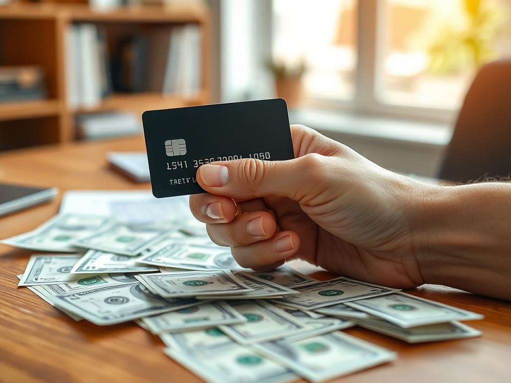 **AI Image Generator Prompt:**

Create a highly realistic, high-resolution photo depicting the concept of "Spot Cash on Credit Cards." The composition should be simple and clear, focusing on one central subject: a hand elegantly holding a credit card, poised over a table with scattered cash notes in various denominations. The credit card should be sleek and modern, showcasing its details without revealing any personal information, symbolizing accessibility and the convenience of cash withdrawal services. 

