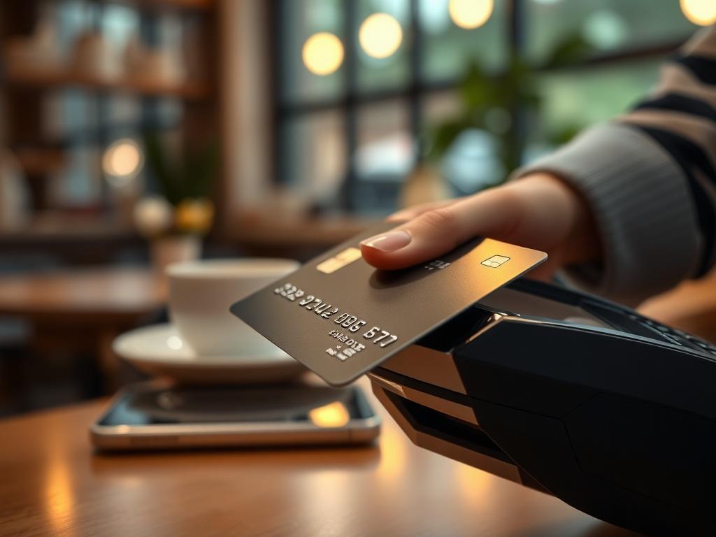 Create a highly detailed, realistic high-resolution photo that captures the essence of credit card usage and its benefits. The composition should focus solely on a single, sleek credit card being swiped through a modern card reader. The subject, the credit card, should be prominently displayed in the foreground, angled slightly to showcase its shiny, reflective surface and intricate details such as chip technology and embossed numbers. 

In the background, use a softly blurred café setting that evokes a sen