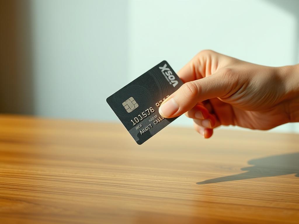 **AI Image Generation Prompt:**

Create a highly realistic, high-resolution photo that encapsulates the theme of "The Financial Implications of Utilizing Cash on Credit Cards." The image should focus on a single, prominent subject: a close-up shot of a person's hand holding a credit card, with the card positioned slightly tilted to reveal its design and branding. 

The background should be simple and uncluttered, featuring a soft-focused wooden table surface that subtly conveys a sense of warmth and profess