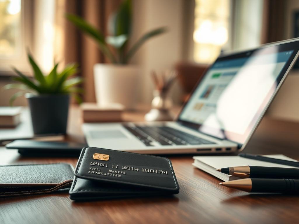 **AI Image Generation Prompt:**

Create a realistic high-resolution photo that captures the essence of financial responsibility highlighted in the blog titled "Maximizing Financial Responsibility: When to Use Cash on Credit Cards." The image should focus on a single subject: a well-organized desk with an open laptop displaying a financial management application. 

In the foreground, prominently feature a stylish, modern credit card lying next to a sleek, contemporary wallet, symbolizing the relationship bet