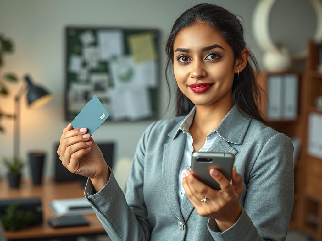 **AI Image Generation Prompt:**

Create a highly realistic, high-resolution photo focused on the theme of financial strategies for responsible credit card use, specifically for spot cash transactions. The composition should feature a single subject: a confident individual, a young South Asian woman in professional attire, standing at a well-organized desk with a credit card in one hand and a smartphone in the other. 

The background should be blurred to emphasize the subject, showcasing a stylish office env