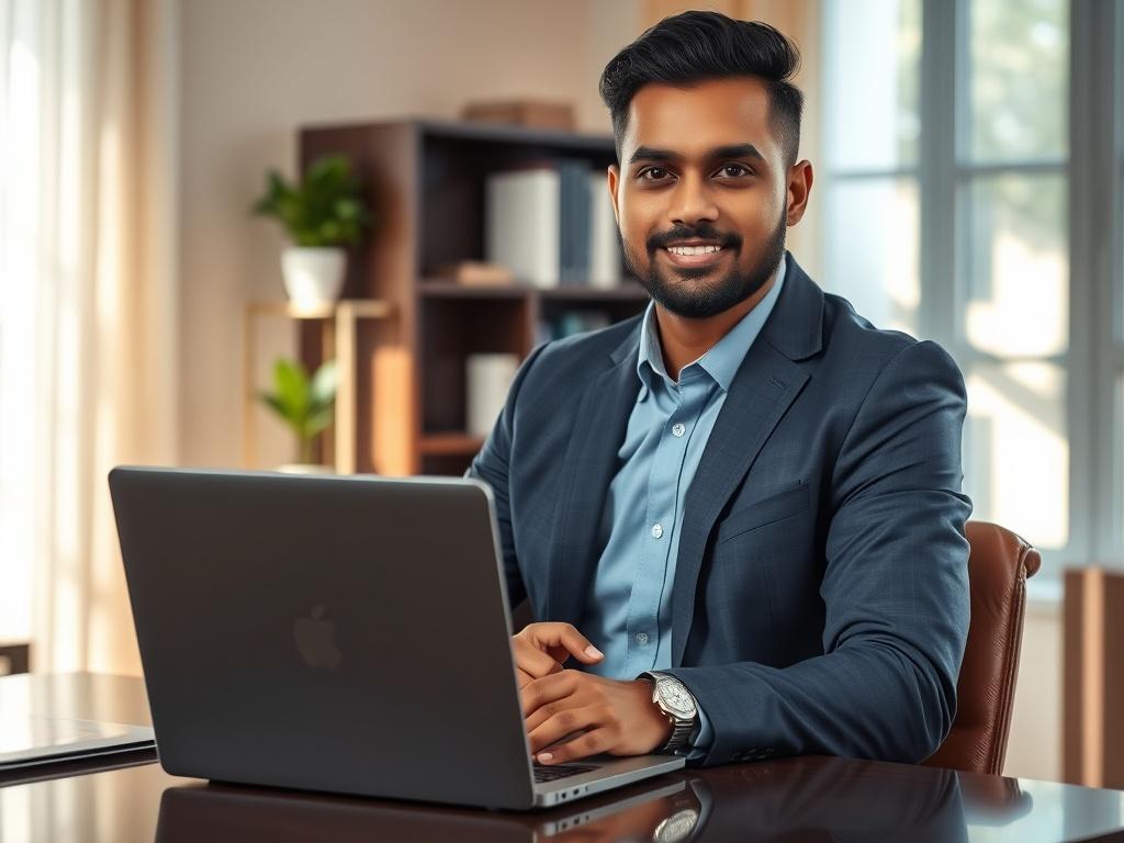 **AI Image Generation Prompt:**

Create a realistic high-resolution photo that captures the essence of a blog titled “Navigating Spot Cash Transactions on Credit Cards: Best Practices and Advice.” The main subject should be a confident financial consultant in a professional office setting, engaging directly with the viewer. The consultant should be poised at a stylish desk with a laptop open, displaying a digital presentation about cash transactions. 

The consultant should be of South Asian descent, dresse