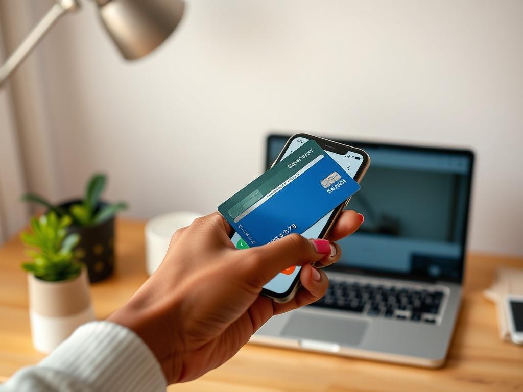 **AI Image Generation Prompt:**

Create a realistic high-resolution photo that embodies the theme of "The Advantages and Risks of Accessing Instant Cash on Your Credit Card." The composition should be simple and clear, featuring a single subject—a hand holding a credit card, poised above a smartphone displaying a digital wallet app. The hand, belonging to a South Asian individual, should be positioned organically, as if considering a financial decision. 

The background should be softly blurred to enhance t