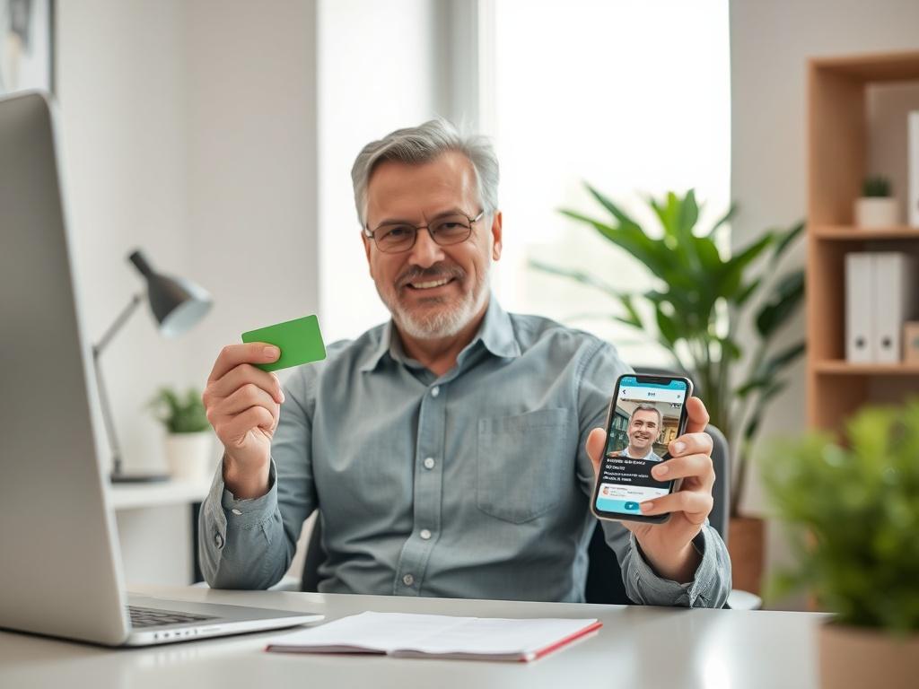 **Prompt for AI Image Generation:**

Create a realistic, high-resolution photo that embodies the concept of financial literacy and understanding cash against credit card services for savvy individuals. The image should feature a single subject—a confident, middle-aged professional with an engaging smile, seated comfortably at a modern office desk. The individual should be holding a credit card in one hand and a smartphone displaying a digital wallet interface in the other, illustrating the ease of accessing