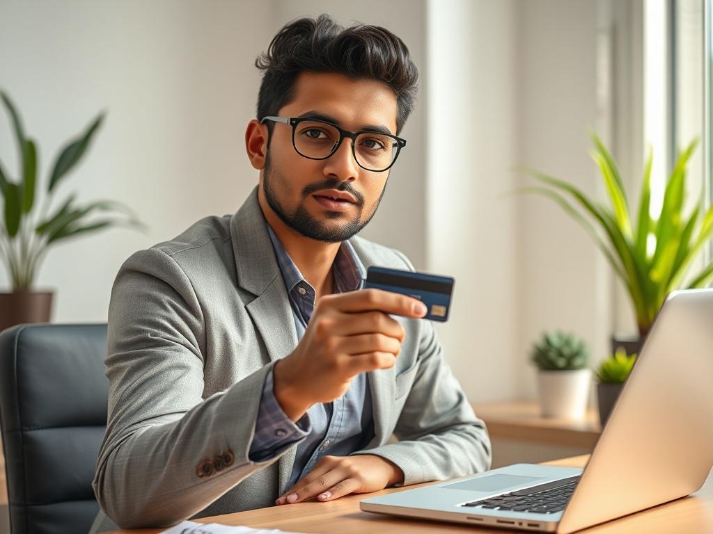 **AI Image Generation Prompt:**

Create a realistic high-resolution photo focused on a single subject: a confident and professional-looking individual seated at a modern desk, actively engaging with a credit card. The person should be of South Asian descent, wearing business-casual attire, with a focused expression that conveys trustworthiness and expertise. Their hand should be positioned as if explaining something about the credit card, highlighting the importance of understanding cash options available t