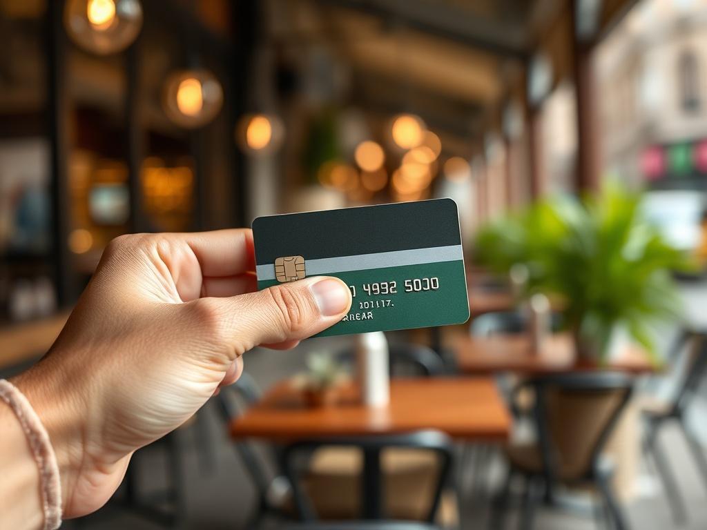 **AI Image Generation Prompt:**

Create a realistic high-resolution photo that visually embodies the theme "Credit Card Swipe for Cash: Myths and Facts Explained." The composition should be simple and clear, focusing on a single subject: a hand holding a credit card. The card should be slightly tilted to showcase its detail, with the card's design clearly visible, reflecting a standard banking design.

The background should be a softly blurred café scene, hinting at a busy urban environment to convey the id