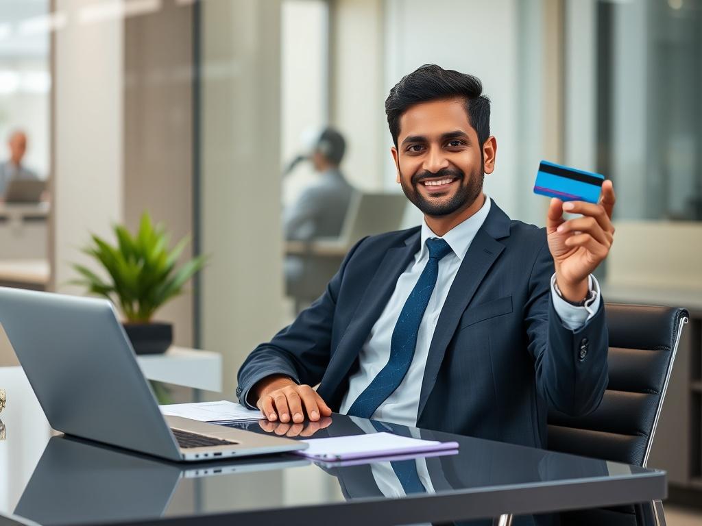 **AI Image Generation Prompt:**

Create a realistic high-resolution photo featuring a confident financial consultant seated at a sleek, modern desk. The consultant, a South Asian male in his 30s, should be dressed in a smart business outfit, combining professionalism with approachability. He should be holding a credit card in one hand, with an inviting smile and a welcoming gesture as if explaining the benefits of cash against credit card to a client.

The background should be a softly blurred office enviro