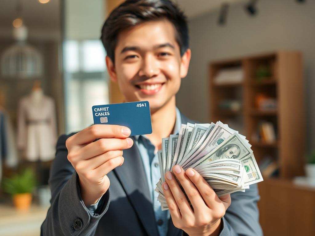 **AI Image Generation Prompt:**

Create a realistic high-resolution photo that embodies the title "Cash Against Credit Card: A Smart Solution for Immediate Cash Needs." The image should feature a single, central subject: a professional-looking individual, a young adult with a confident demeanor, holding a credit card in one hand and a handful of cash in the other. The person should be dressed in business casual attire, exuding a sense of professionalism and trustworthiness.

The background should be simple 