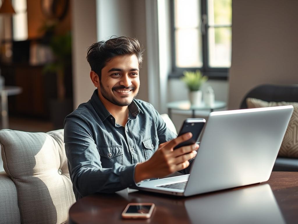 **Prompt for AI Image Generation:**

Create a realistic high-resolution photo that visually represents the blog titled "Credit Card Swipe for Cash: What You Need to Know". The composition should be simple and clear, featuring only one subject: a confident individual in their early 30s, sitting at a chic coffee table, with a sleek laptop opened in front of them and a smartphone in hand. The individual should be of South Asian descent, showcasing an expression of satisfaction and focus as they engage with fin