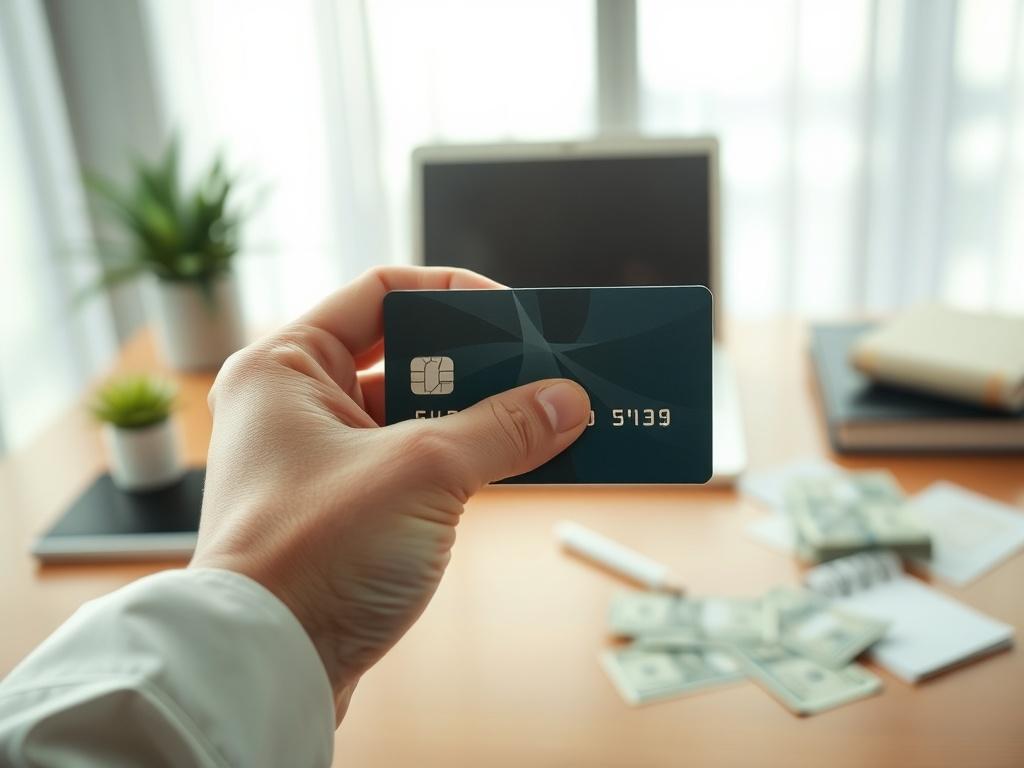 Create a realistic high-resolution photo that encapsulates the theme of the blog titled "Navigating Cash Advances: A Practical Approach to Credit Card Cash." The image should feature a close-up shot of a hand holding a credit card positioned in the foreground, symbolizing the act of accessing cash advances. The credit card should be prominently displayed, showcasing its unique design and features, with a subtle sheen that suggests reliability and financial trust. 

In the background, softly blurred to preve