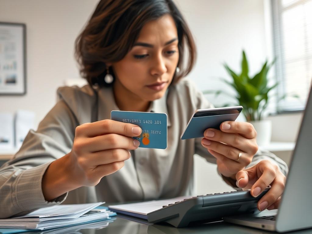 **AI Image Generation Prompt:**

Create a realistic high-resolution close-up image that reflects the theme of financial responsibility, particularly focusing on the effective use of cash from credit cards without falling into debt. 

**Subject matter:** The image should feature a single person, a young professional looking at a credit card with a thoughtful expression on their face. They should be sitting at a modern desk, appearing engaged in financial planning. 

**Composition:** Position the subject in t