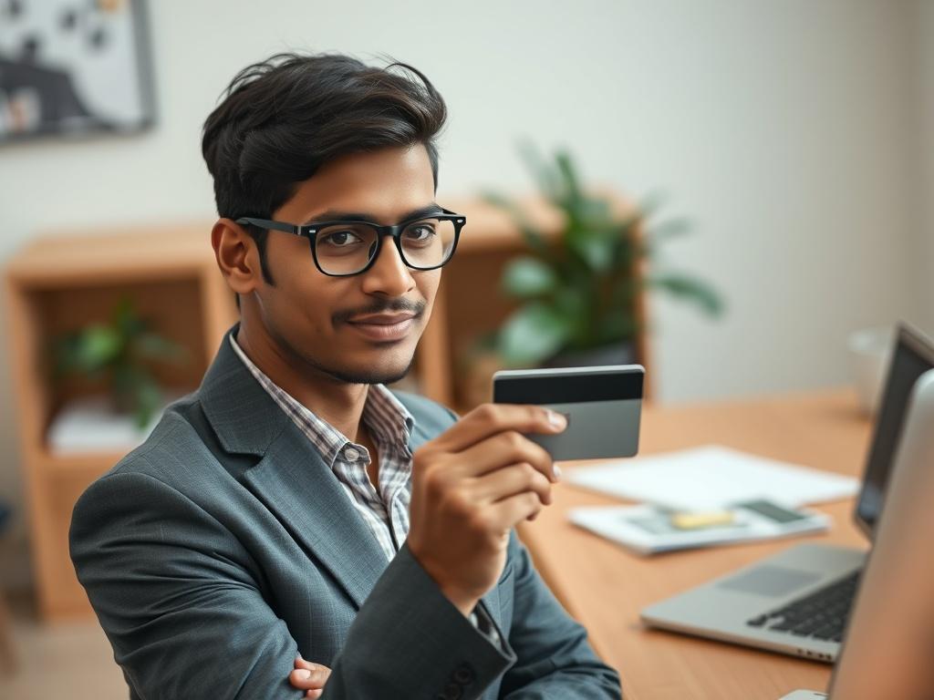 **Prompt for AI Image Generation:**

Create a realistic high-resolution photo that visually represents a blog titled "Tips for Safely Using Credit Card Swipe for Cash." The composition should be simple and clear, featuring a single subject: a confident and professional-looking Indian person in business attire, holding a credit card with a thoughtful expression as they examine it. 

The background should be softly blurred to emphasize the subject while featuring a subtle, modern office environment with soft 