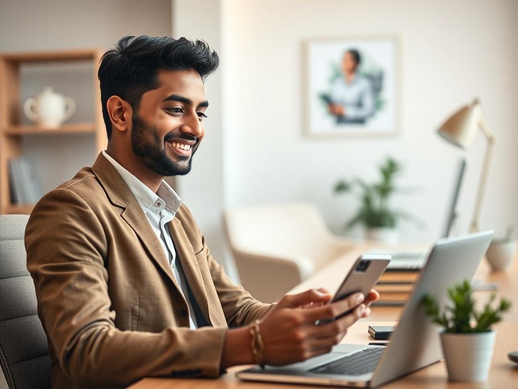 **Prompt for AI Image Generator:**

Create a highly realistic, high-resolution photo that captures the concept of accessing instant cash using a credit card. The composition should be simple and clear, focusing on a single subject: a confident young professional, a South Asian male or female, seated at a modern desk. The individual should be holding a credit card in one hand while looking at a smartphone or laptop screen with an expression of satisfaction or relief. 

In the background, include a softly blu