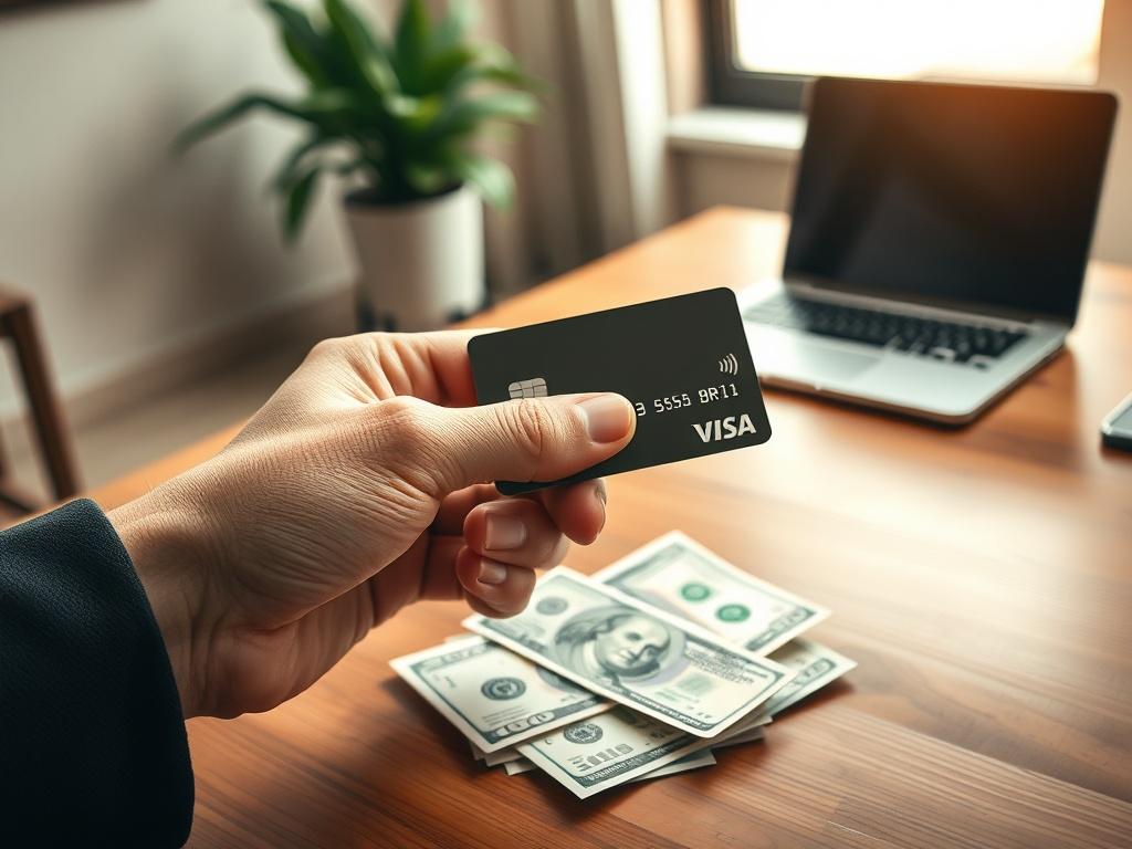 **AI Image Generation Prompt:**

Create a realistic high-resolution photo that captures the essence of the blog titled "Is Cash on Your Credit Card Worth It? A Deep Dive into the Details." The image should feature a single, clear subject: a sophisticated hand holding a sleek credit card, poised above a wooden table with a few cash notes underneath. The hand should be well-manicured, suggesting professionalism and confidence, while the card should display an elegant design (without any text or logos). 

In t