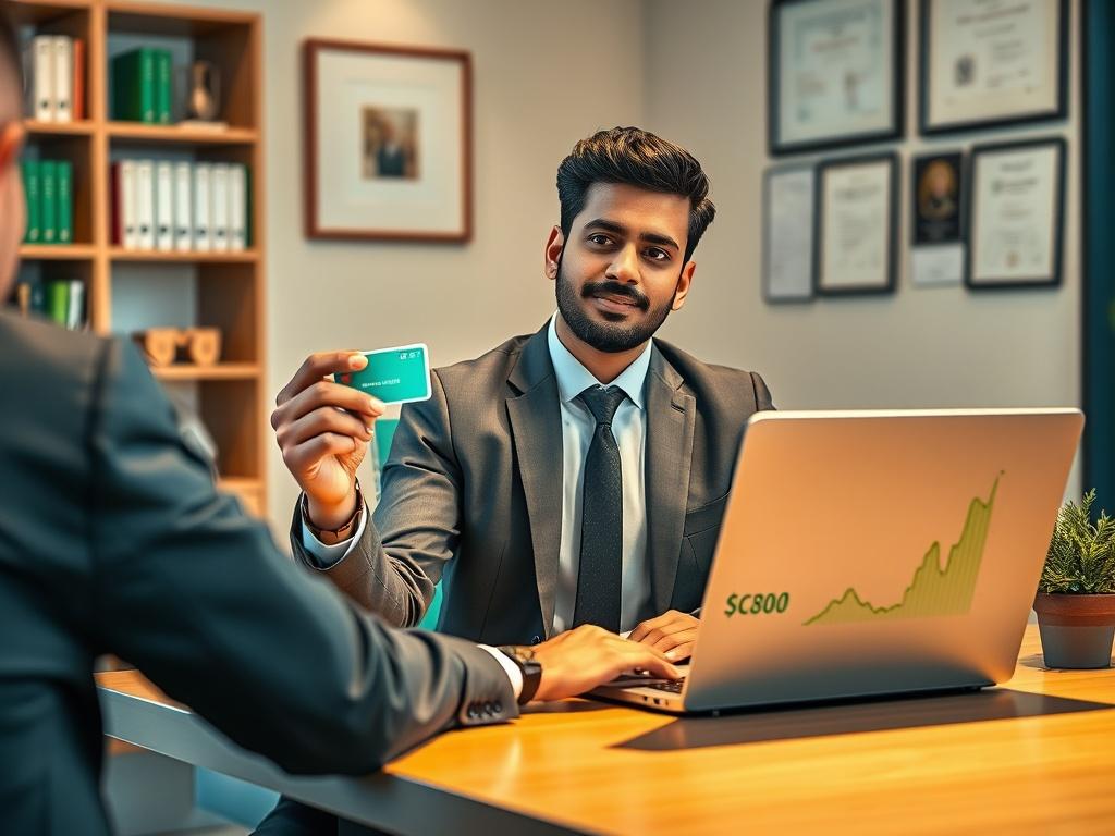**Prompt for AI Image Generation:**

Create a highly detailed, realistic high-resolution photo featuring a professional financial consultant sitting at a sleek, modern office desk. The consultant should be attentively engaging with a client, displaying a sense of trust and professionalism. The scene should have warm, inviting lighting that highlights the serious yet welcoming atmosphere.

The consultant, a South Asian male or female, should be dressed in formal attire and holding a credit card in one hand w