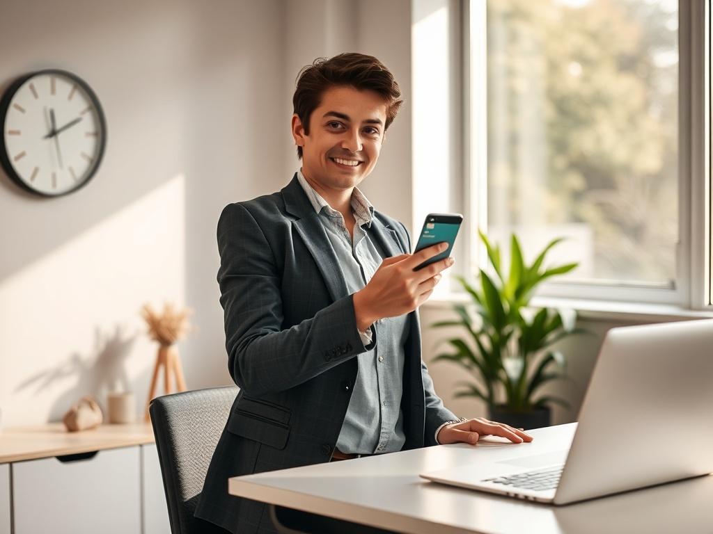 **AI Image Generation Prompt:**

Create a realistic high-resolution photograph for a blog titled "Spot Cash on Credit Cards Explained: Tips for Smart Usage." The image should feature a single subject: a confident, professional-looking individual standing at a modern, sleek desk, holding a credit card in one hand and a smartphone in the other, symbolizing the concept of managing finances through credit. The person should be dressed in smart casual attire, suggesting a blend of professionalism and approachabi