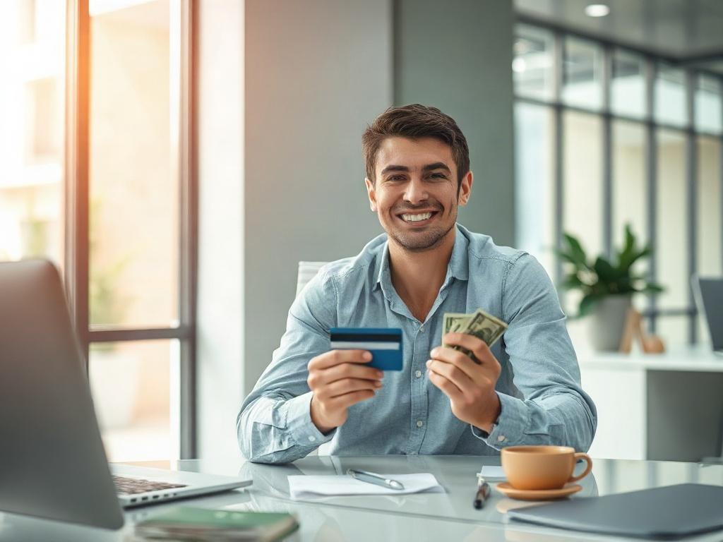 **AI Image Generation Prompt:**

Create a realistic high-resolution photo reflecting the theme of "Exploring the Benefits of Cash Against Credit Card Transactions." The composition should be simple and clear, featuring a single subject at its center. 

**Subject Matter:** A confident, smiling young professional (either man or woman) sitting at a sleek modern desk with a credit card in one hand and cash in the other. The expression should convey happiness and satisfaction, illustrating the ease and benefits 