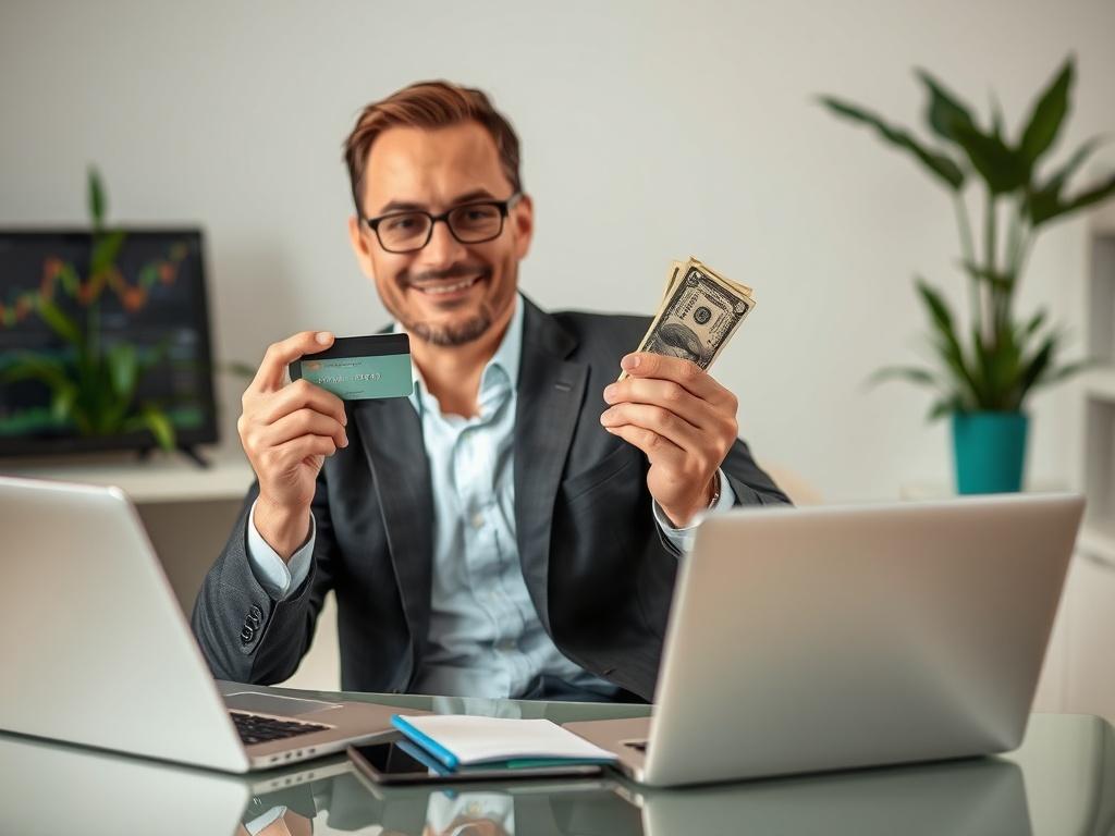 **AI Image Generation Prompt:**

Create a realistic high-resolution photo that represents the concept of "Cash Against Credit Card: A Viable Solution for Immediate Financial Needs." The composition should be simple and clear, featuring a single subject: a confident, professional-looking individual comfortably seated at a modern desk, holding a credit card in one hand and cash in the other. The individual should be dressed in smart business attire, exuding a sense of trust and reliability. 

In the backgroun