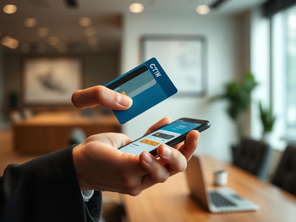 **AI Image Generation Prompt:**

Create a hyper-realistic high-resolution image depicting a focused, elegant hand holding a credit card just above a modern smartphone displaying a digital wallet application. The hand should be of an individual in a professional attire, showcasing a neatly manicured appearance, reflecting confidence and financial savvy. The background should be softly blurred to emphasize the subject, featuring a well-lit, stylish office environment with subtle elements such as a sleek desk,